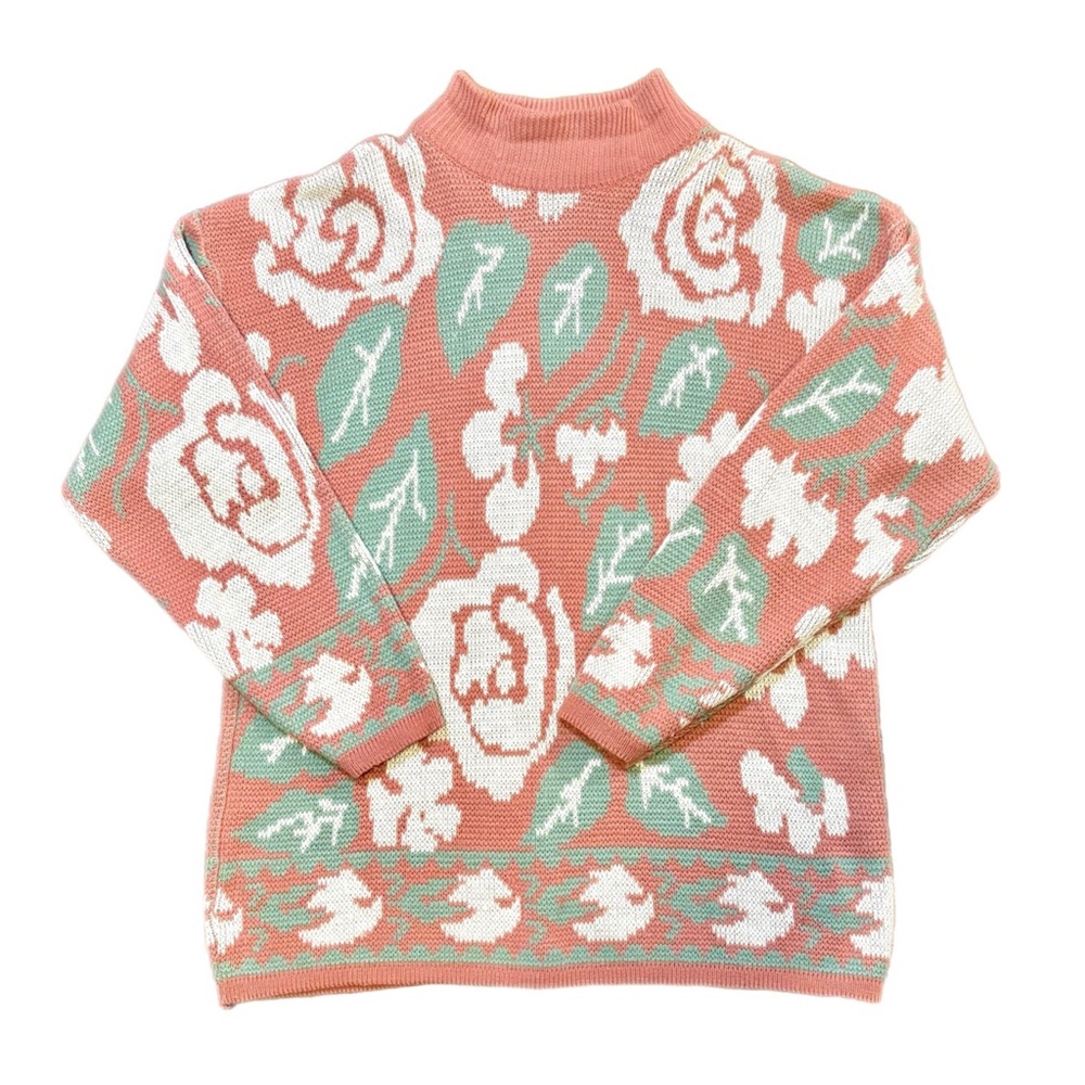 Vintage 80s Micheal Carrie Floral Patterned Sweater - Pink and Green size M